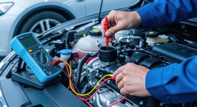 Automotive Technician Inspecting Car Engine with Multimeter, Performing Diagnostic Check and Maintenance in Service Garage photo