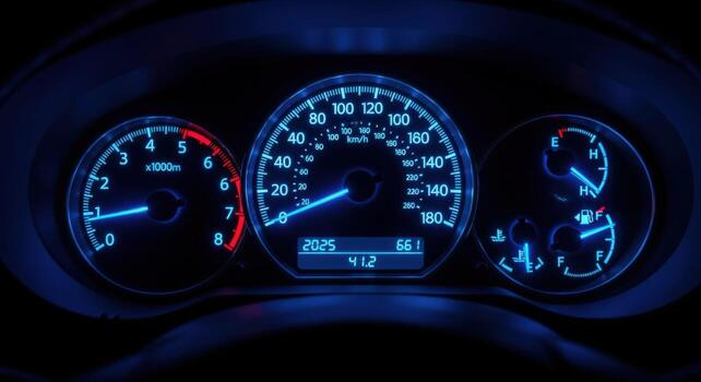 Illuminated Car Dashboard Displaying Speedometer, Tachometer, Fuel, and Temperature Gauges with Blue Backlighting at Night photo