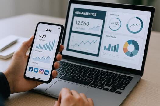 Digital Marketing Analytics Dashboard Displayed on Laptop and Mobile Device, Business Intelligence Data Insights photo