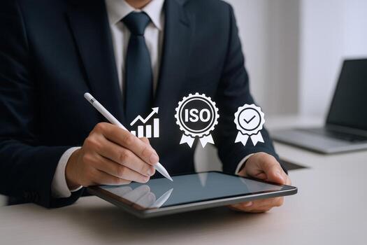 Professional Man Using Tablet for Quality Control and ISO Certification Process Improvement in Business photo