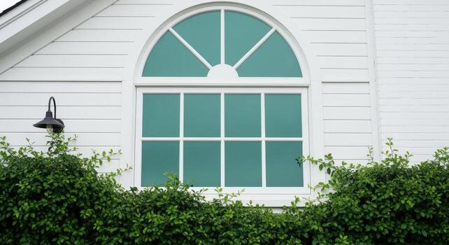 Elegant Arch Window Framed by Greenery on a White Exterior, Creating a Serene and Inviting Aesthetic photo