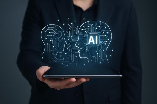 artificial inteligencia concepto hombre participación tableta mostrando ai red conectando dos humano cabeza siluetas foto