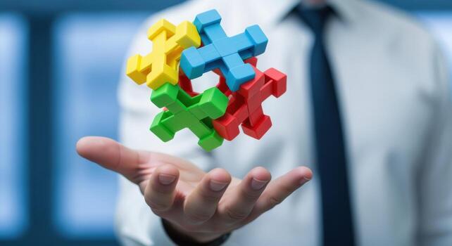 Conceptual business strategy representation with colorful puzzle pieces held by a professional in a suit photo