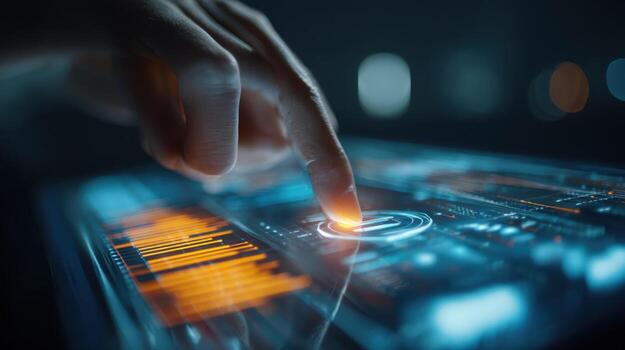 Finger pressing virtual button on digital screen interface with futuristic data and information technology photo