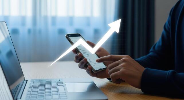 Business Professional Using Smartphone with Ascending Arrow Overlay, Illustrating Growth and Financial Success photo