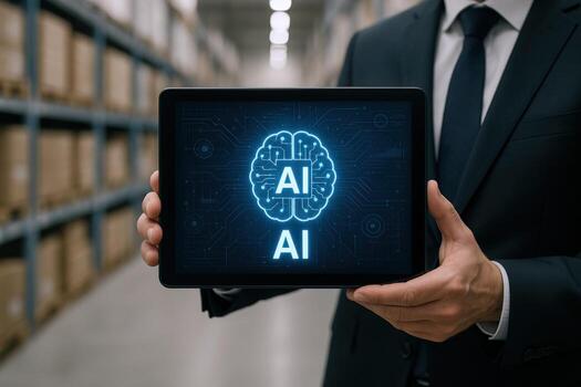 AI Brain Displayed on Tablet Held by Professional in Warehouse Setting, Modern Technology Concept photo