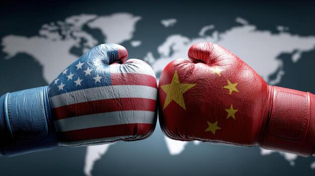 Boxing Gloves Depicting Nations in a Confrontation Symbolizing Global Competition and Geopolitical Tensions on World Map photo