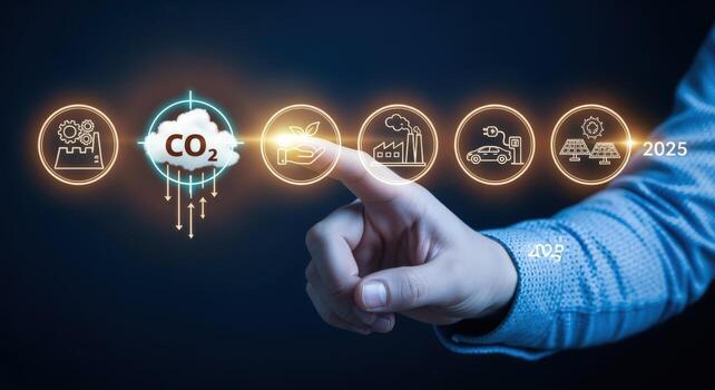 Reducing CO2 Emissions Interactive Interface Displaying Eco-Friendly Solutions for Sustainable Future by 2025 photo