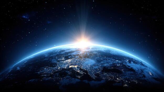 Earth viewed from space with sun rising on the horizon creating a blue glow photo