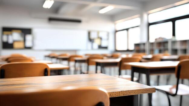 Empty Classroom with Wooden Desks and Chairs, Ready for Students in a School Environment photo