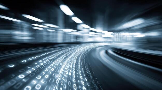 Abstract data stream tunnel with digital code, ideal for technology or speed concepts photo