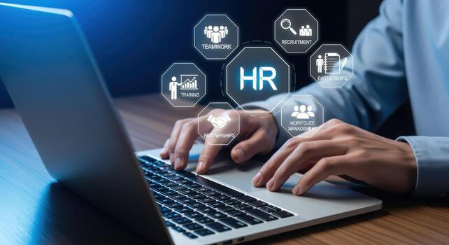 Human Resources Management System Business Professional Analyzing HR Data on Laptop for Recruitment Strategies photo