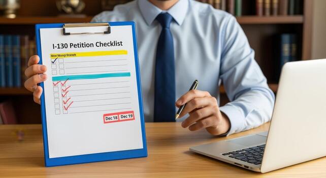 Man Displaying Immigration Form Checklist Near Laptop in Office Setting for Legal Compliance photo