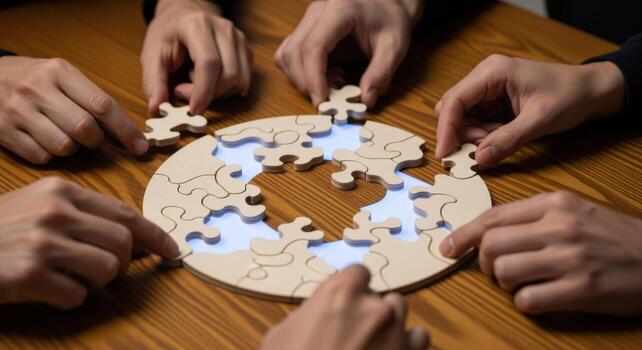Hands Assembling a Jigsaw Puzzle, Illustrating Teamwork, Collaboration, Problem-Solving, and Strategic Thinking in a Business Setting photo