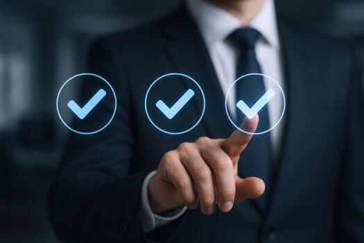 Businessman confirming tasks with digital checklist, achieving goals and ensuring quality assurance with modern technology photo