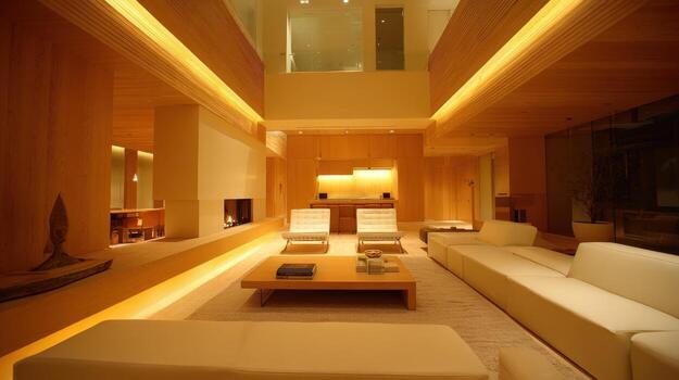 Modern Living Room with Ambient Lighting and Minimalist Decor, Featuring Clean Lines and Open Space photo
