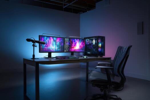 Modern Gaming Setup with Dual Monitors, PC, Microphone, and Ambient Lighting in a Minimalist Room photo