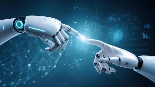 Futuristic Robot Hands Touching Fingers, Representing Artificial Intelligence, Technology, and Future Innovation in a Digital World photo