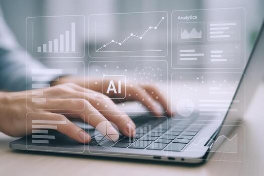 de cerca de manos mecanografía en ordenador portátil con ai y analítica superposiciones, ilustrando moderno negocio y tecnología foto