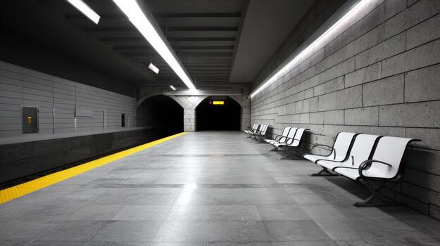 Empty Subway Station Platform with Waiting Benches and Dark Tunnel Entrance in a City photo