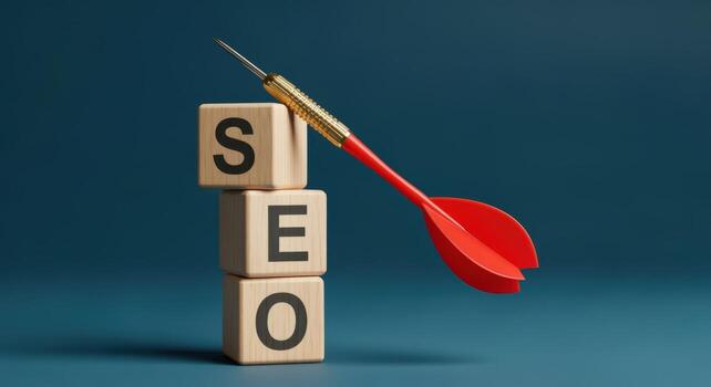 SEO Strategy Wooden Blocks with Letters and Dart Hitting Target for Online Marketing Success photo