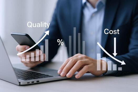 Business Professional Analyzing Cost Reduction and Quality Improvement Strategies Using Technology for Strategic Growth photo