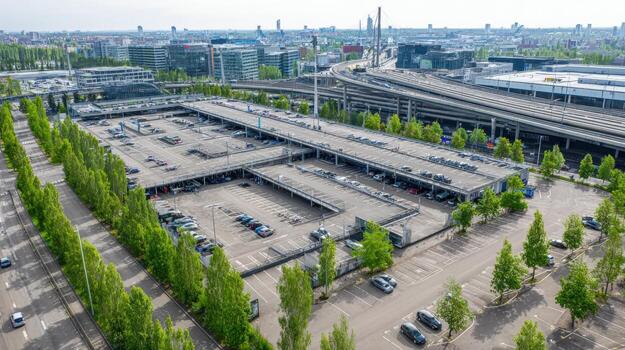 Elevated View of a Multi-Story Parking Structure in a Modern Urban Environment, Surrounded by Greenery and Cityscape photo