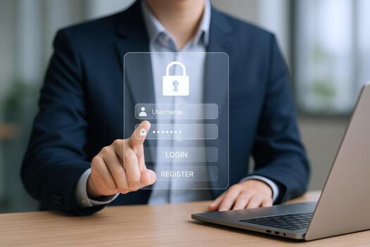 Secure Online Access Man Interacting with Digital Login Interface for Data Protection and Authentication photo