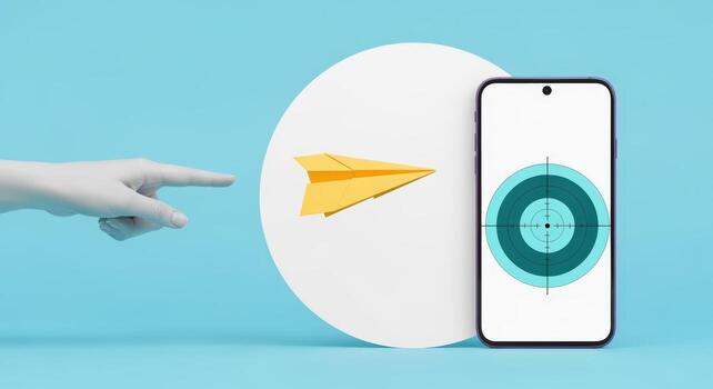 Digital Marketing Strategy Reaching Target Audience with Mobile App and Paper Airplane Concept photo