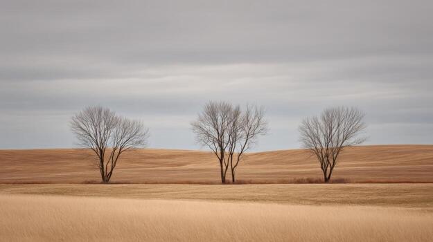 Minimalist Landscape with Three Bare Trees on Rolling Hills Under a Cloudy Sky in Winter photo