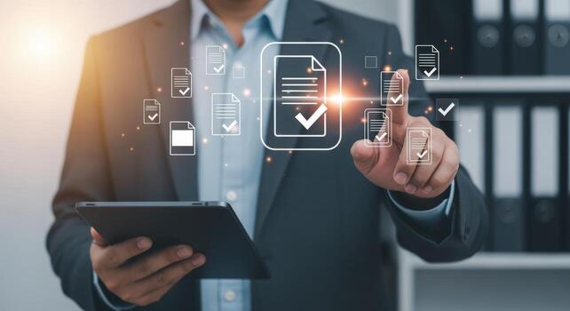 Digital Document Management Businessman Interacting with Electronic Files for Efficient Workflow and Compliance photo