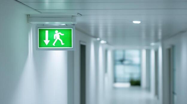 iluminado salida firmar en un moderno corredor, emergencia evacuación ruta, la seguridad Guia foto