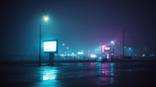 Nighttime Urban Scene with Neon Lights Reflecting on Wet Pavement, Creating a Moody, Atmospheric Vibe photo