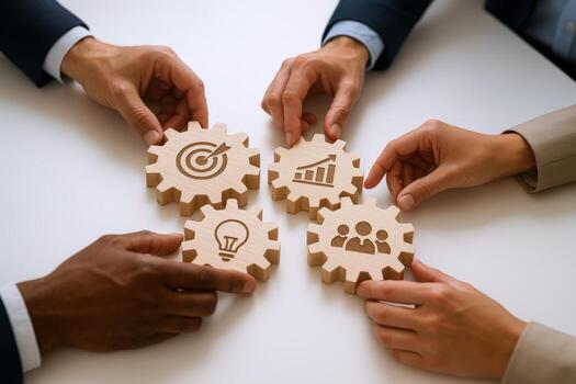 Teamwork Collaboration Diverse Hands Connecting Gears Representing Business Goals, Strategy, Success and Partnership photo