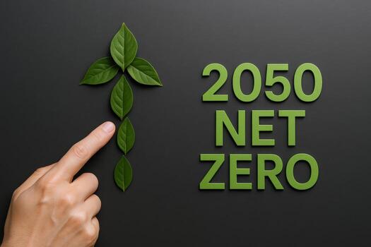 Net Zero 2050 Concept Hand Pointing to Leaf Arrow on Dark Background Representing Environmental Goals photo