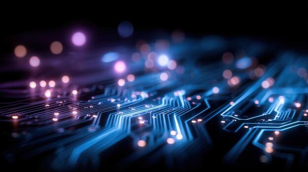 Abstract Circuit Board Design with Glowing Lights, Technology and Innovation, Hi-Tech Concept photo