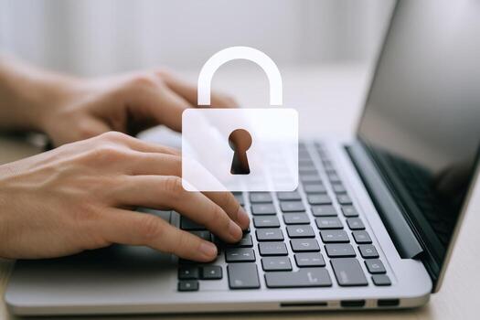 Cybersecurity Concept Person Typing on Laptop Keyboard with Digital Lock Overlay for Data Protection photo