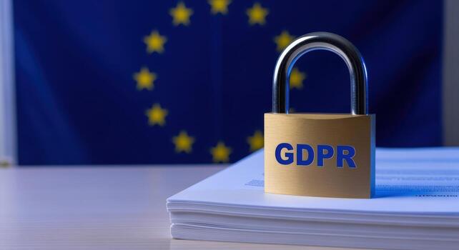 General Data Protection Regulation padlock on document stack in front of European Union flag photo