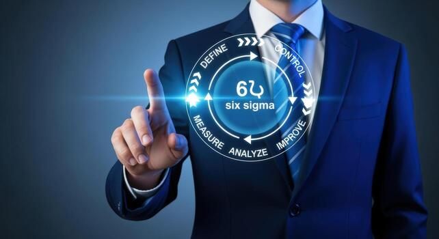 Six Sigma Methodology Visualized Businessman Interacting with a Digital Interface Representing Process Improvement and Quality Control photo