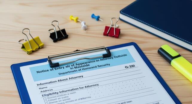 Office desk with legal documents, stationery, and notepad representing professional work environment photo