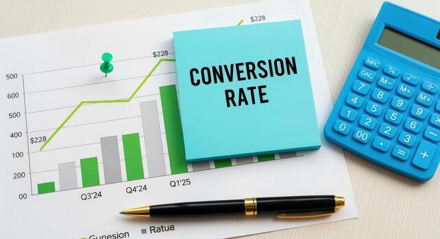 Conversion Rate Analysis Chart, Calculator, and Pen Representing Business Growth and Financial Strategy photo