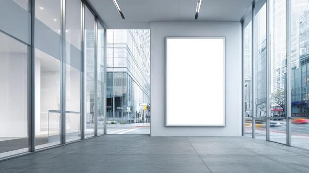 Modern Office Lobby with Blank Advertisement Space for Mockup, Featuring Contemporary Architecture photo