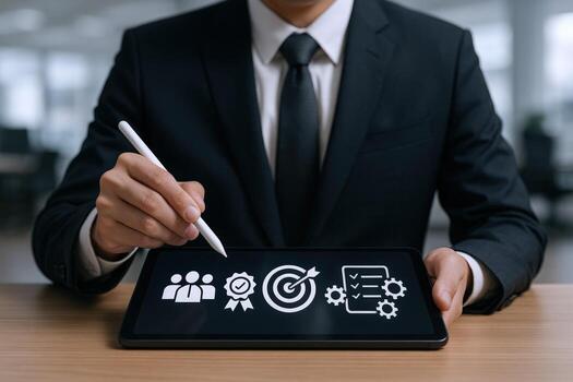 Business professional demonstrates project management concepts on a tablet, highlighting teamwork, quality, targets, and task completion photo