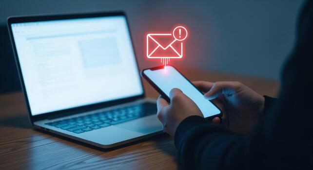 Email notification on smartphone with laptop for online communication and business marketing concept photo