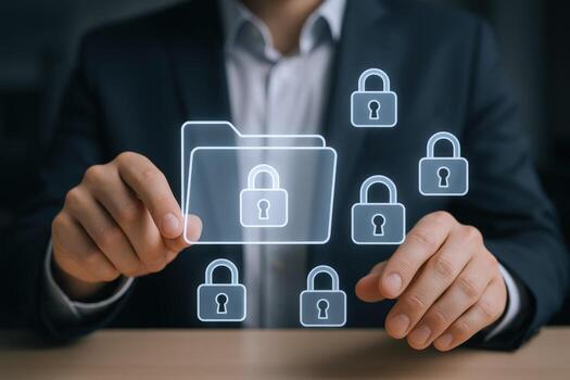 datos seguridad concepto empresario asegurando confidencial información con digital Cerraduras y carpetas en la seguridad cibernética foto