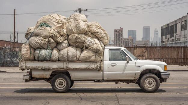 Overloaded Pickup Truck Transporting Large Sacks in Urban Setting, Depicting Transportation and Delivery photo