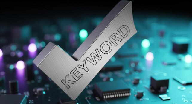 Keyword Validation Concept 3D Rendering of a Metallic Tick Symbol on a Circuit Board photo