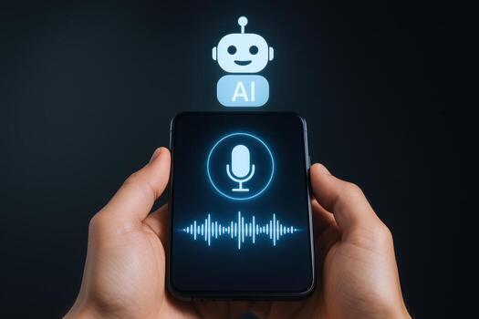 AI Assistant on Smartphone Hands Holding Device with Robot Avatar and Microphone Icon photo
