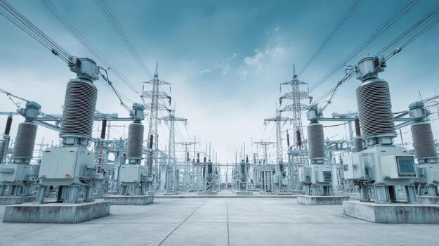 High Voltage Electrical Substation Distributing Power Across the Grid with Sky and Cables in Background photo