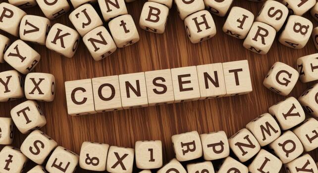 Consent Spelled Out with Wooden Letter Blocks, Surrounded by Random Letters on a Wood Background photo